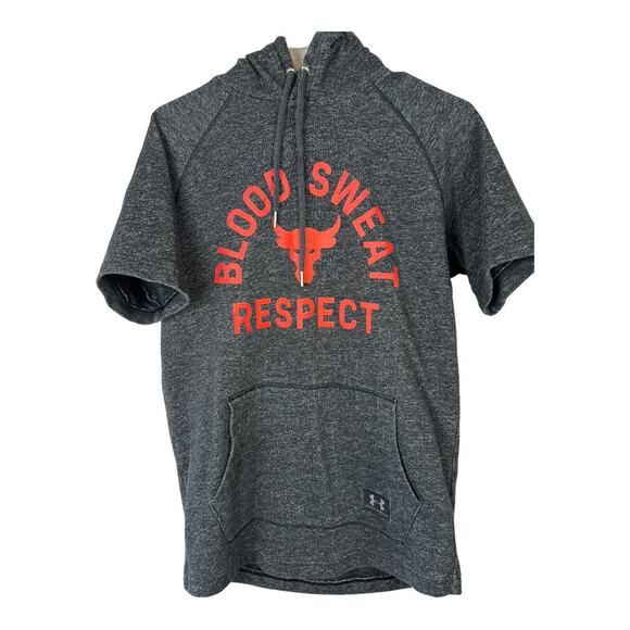 UNDER ARMOUR Project Rock Gray Short Sleeve Hoodie Blood Sweat respect Bull M - Picture 1 of 6